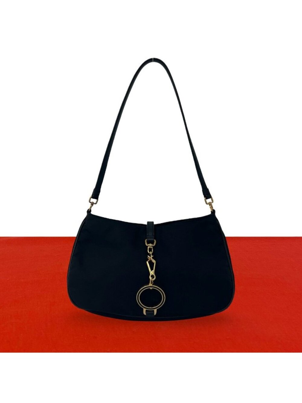 Prada Triangle Logo Circle Plate Nylon Leather Shoulder Bag Black
